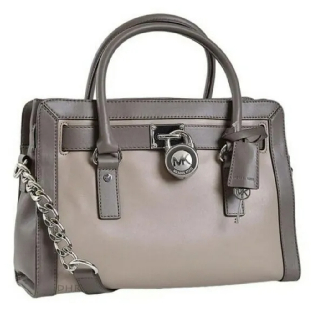 Michael Kors Hamilton Satchel Handbag Taupe and Gray Leather Silver Lock